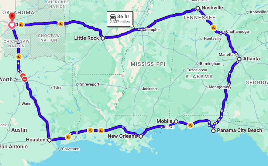 Honeymoon Road Trip Route Map